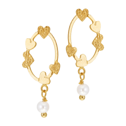 Boucles d'oreilles en or jaune et perle de culture, ajourée coeurs