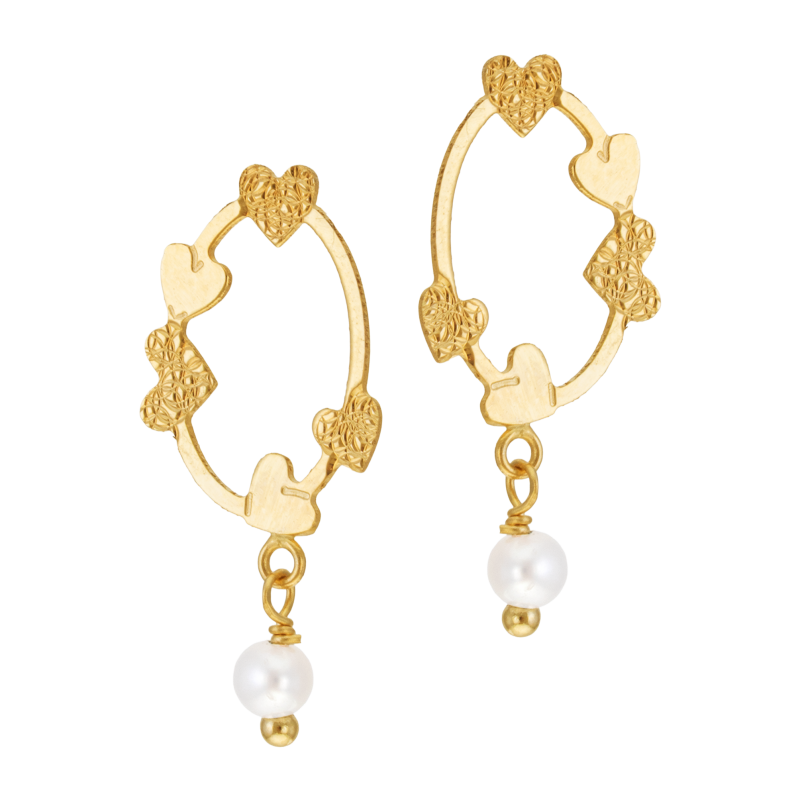 Boucles d'oreilles en or jaune et perle de culture, ajourée coeurs