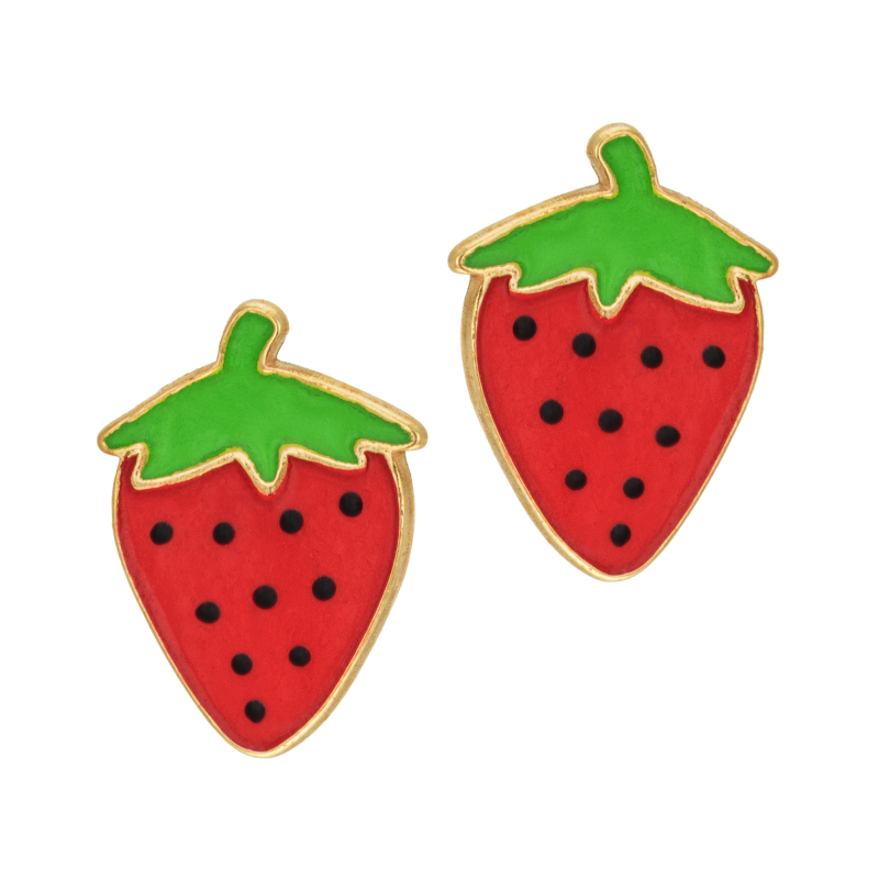 Boucles d'oreilles en or jaune et laque, fraise