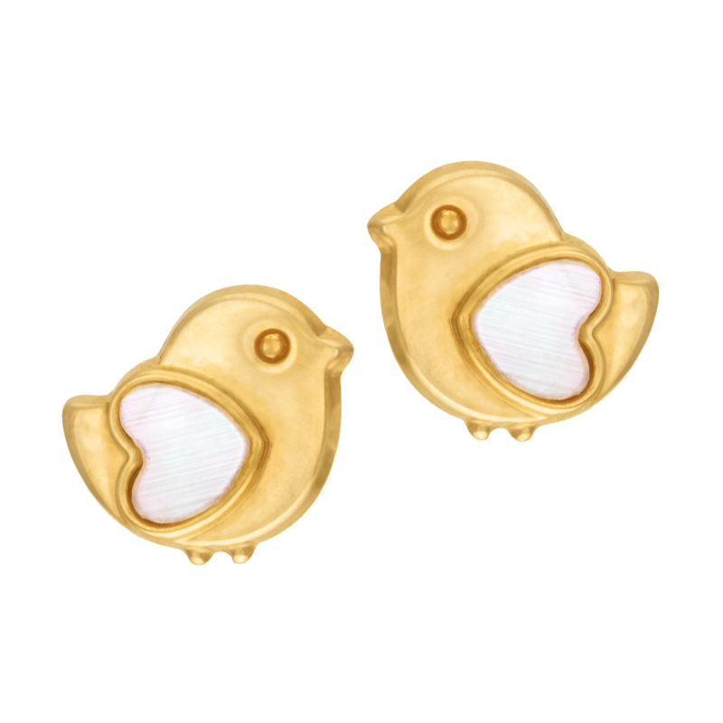 Boucles d'oreilles en or jaune et nacre, oiseau