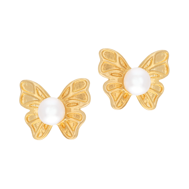 Boucles d'oreilles en or jaune et perle de culture, papillon