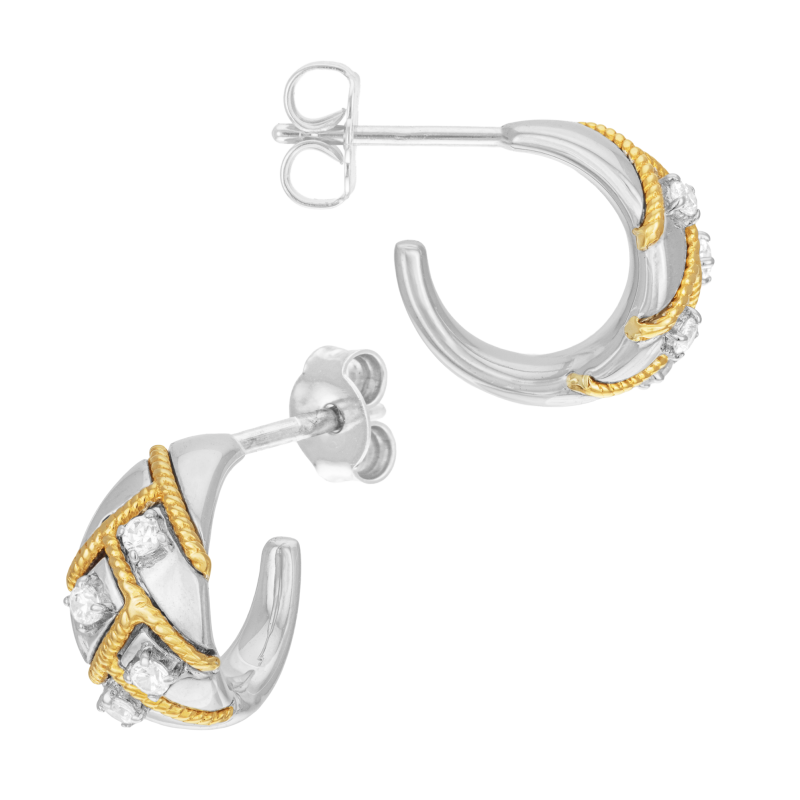 Boucles d'oreilles en or jaune et argent rhodié, oxydes de zirconium, tréssées