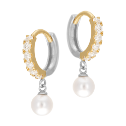 Créoles en or jaune et argent rhodié, perle de culture et oxydes de zirconium 