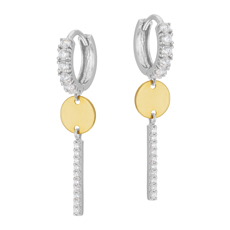 Créoles pendantes en or jaune et argent rhodié, oxydes de zirconium 