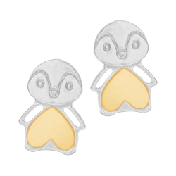 Boucles d'oreilles en or jaune et argent rhodié, pingouin 