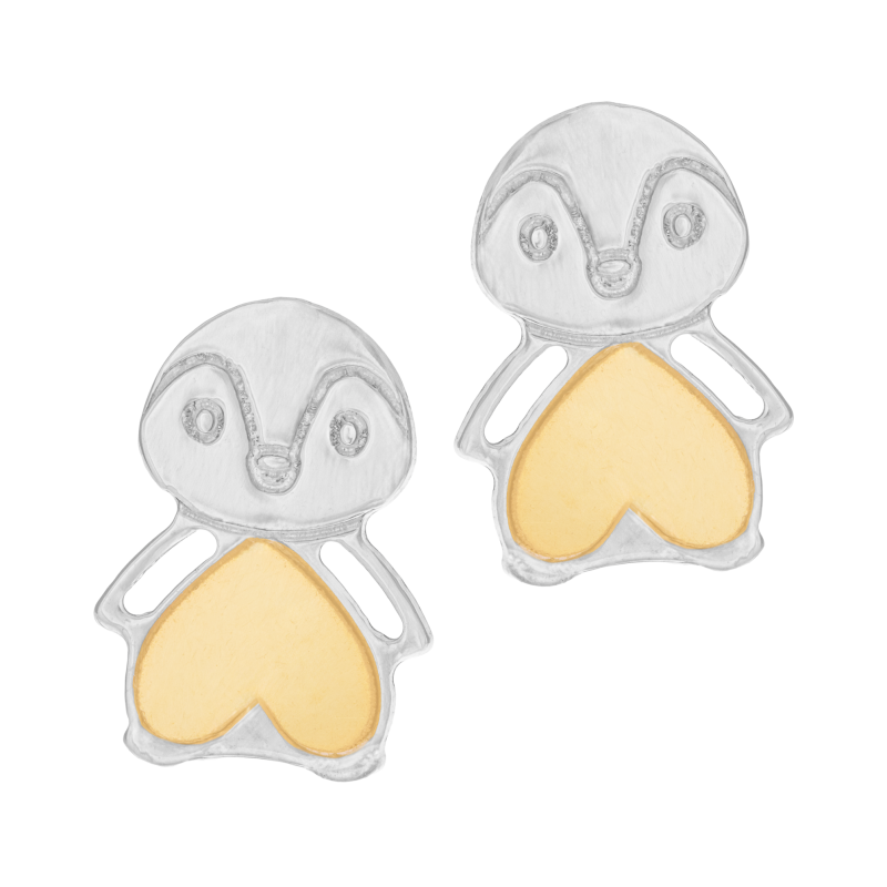 Boucles d'oreilles en or jaune et argent rhodié, pingouin 