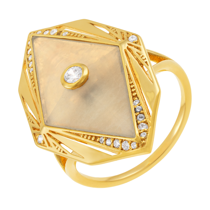 Bague en plaqué or, pierre de lune et oxydes de zirconium
