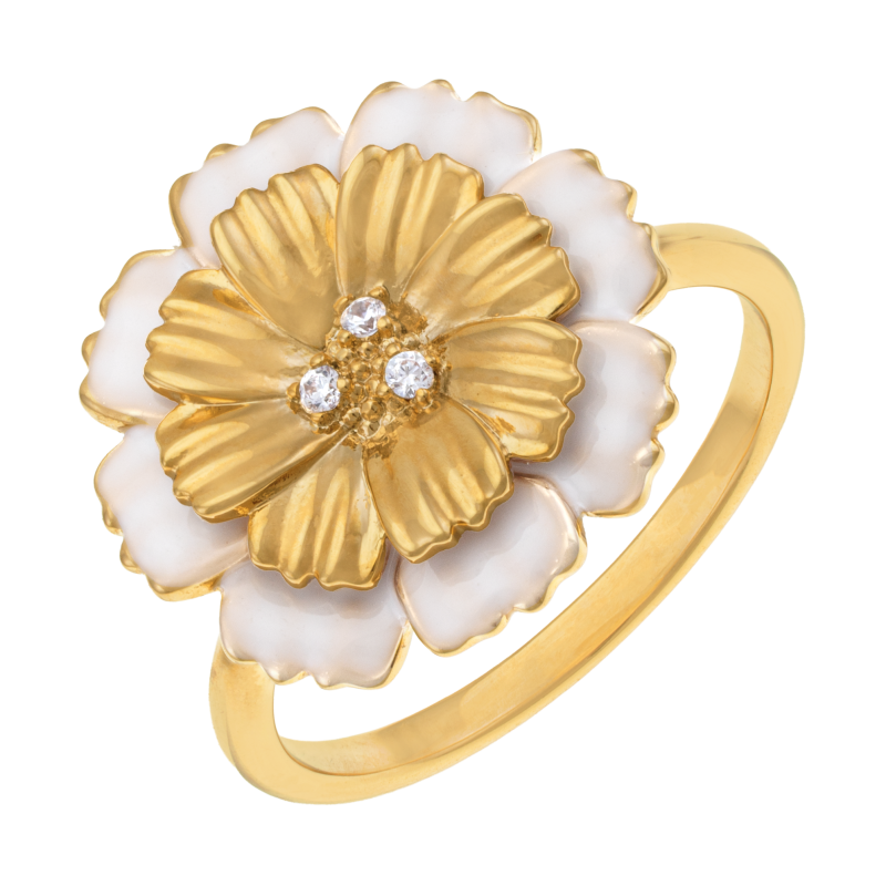 Bague en plaqué or, laque et oxydes de zirconium, marguerite