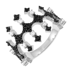 Bague en argent rhodié et rhodié noir, oxydes de zirconium noirs et blancs