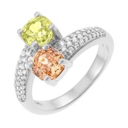 Bague en argent rhodié et oxydes de zirconium vert et champagne