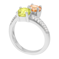 Bague en argent rhodié et oxydes de zirconium vert et champagne
