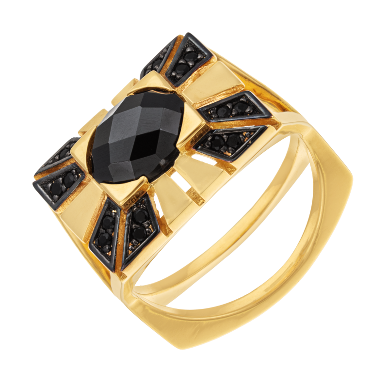 Bague en plaqué or, doré à l'or fin et rhodié noir, oxydes de zirconium noir