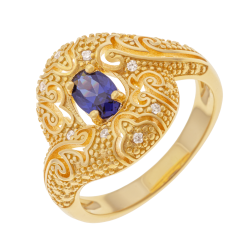 Bague en plaqué or, doré à l'or fin et oxydes de zirconium bleu et blancs