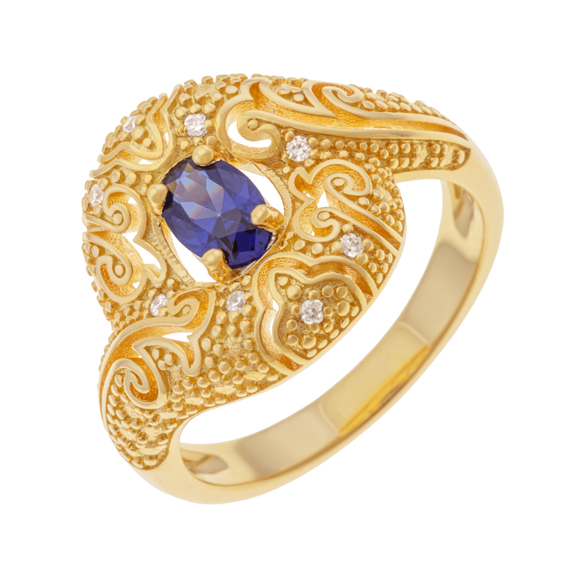 Bague en plaqué or, doré à l'or fin et oxydes de zirconium bleu et blancs