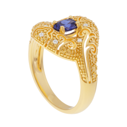 Bague en plaqué or, doré à l'or fin et oxydes de zirconium bleu et blancs