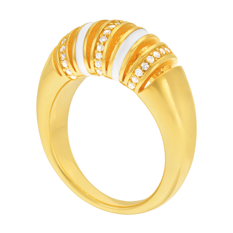 Bague en plaqué or, doré à l'or fin, oxydes de zirconium et laque blanche