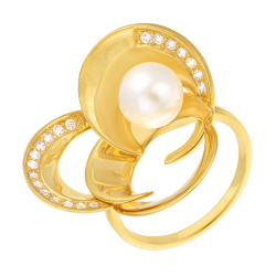Bague en plaqué or, doré à l'or fin, perle de culture et oxydes de zirconium, fleurs