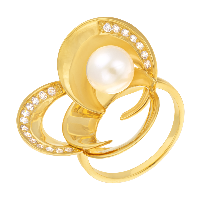 Bague en plaqué or, doré à l'or fin, perle de culture et oxydes de zirconium, fleurs