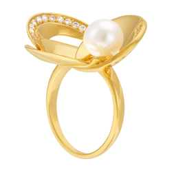 Bague en plaqué or, doré à l'or fin, perle de culture et oxydes de zirconium, fleurs