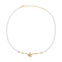 Collier en argent doré, perles synthétiques et oxydes de zirconium, tortue