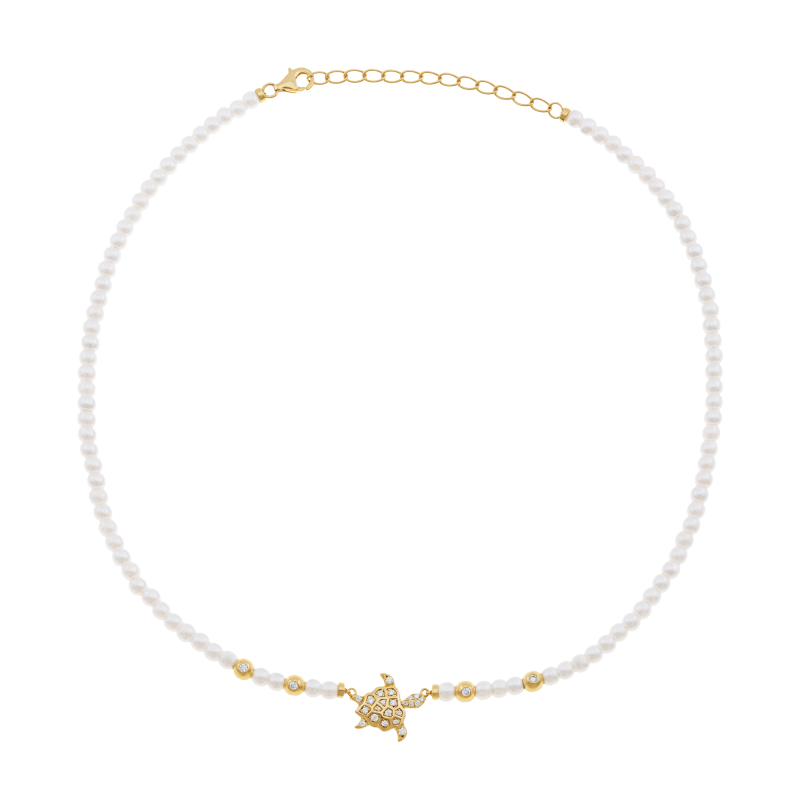 Collier en argent doré, perles synthétiques et oxydes de zirconium, tortue