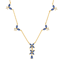 Collier en plaqué or, doré à l'or fin et oxydes de zirconium bleu, fleurs