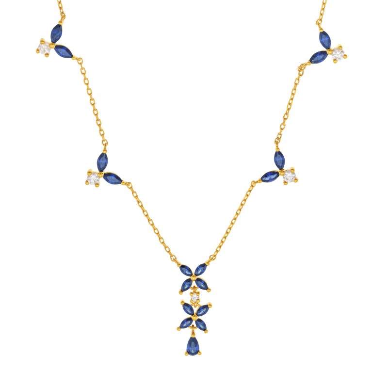 Collier en plaqué or, doré à l'or fin et oxydes de zirconium bleu, fleurs