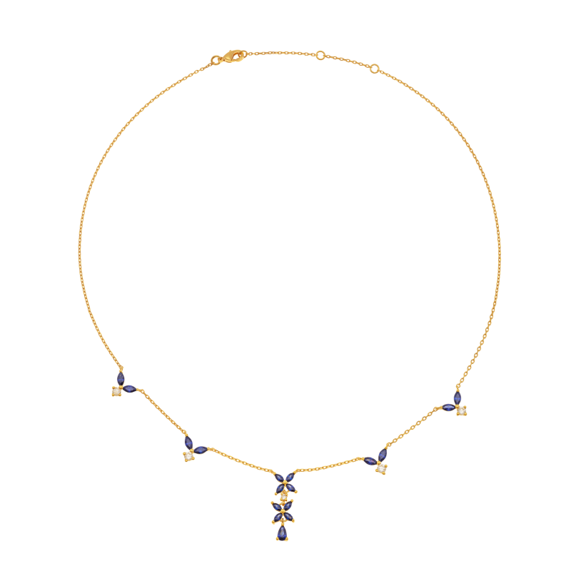Collier en plaqué or, doré à l'or fin et oxydes de zirconium bleu, fleurs