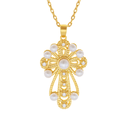 Collier en plaqué or, doré à l'or fin, perles de culture et oxydes de zirconium, croix