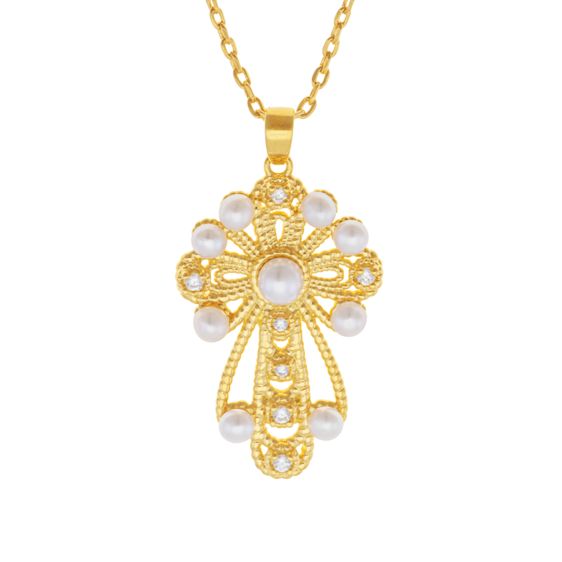 Collier en plaqué or, doré à l'or fin, perles de culture et oxydes de zirconium, croix