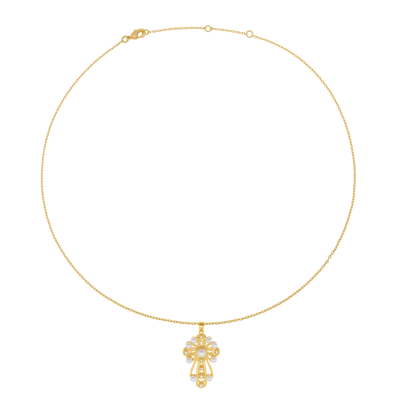 Collier en plaqué or, doré à l'or fin, perles de culture et oxydes de zirconium, croix