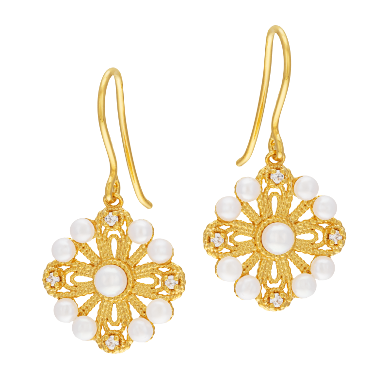 Boucles d'oreilles en plaqué or, doré à l'or fin, perles de culture et oxydes de zirconium