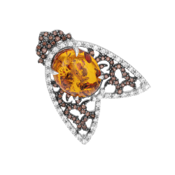 Broche en argent rhodié et rhodié noir, ambre et oxydes de zirconium