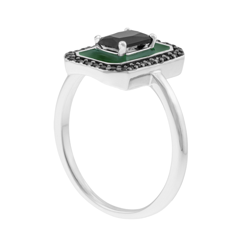 Bague en argent rhodié, laque et oxydes de zirconium noir
