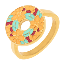 Bague en acier dore et laque, cercle fleuri