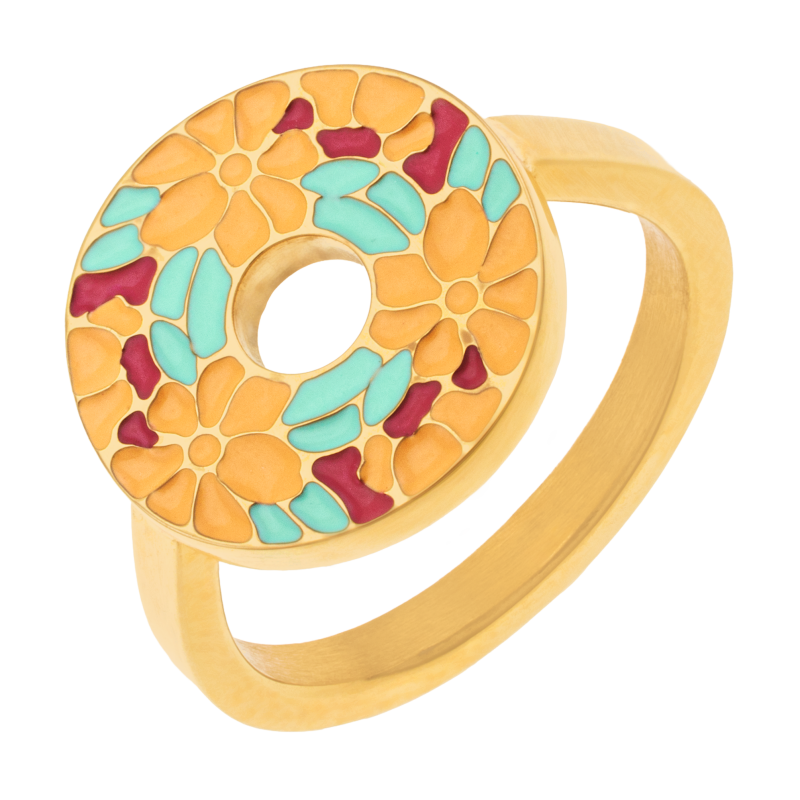 Bague en acier dore et laque, cercle fleuri