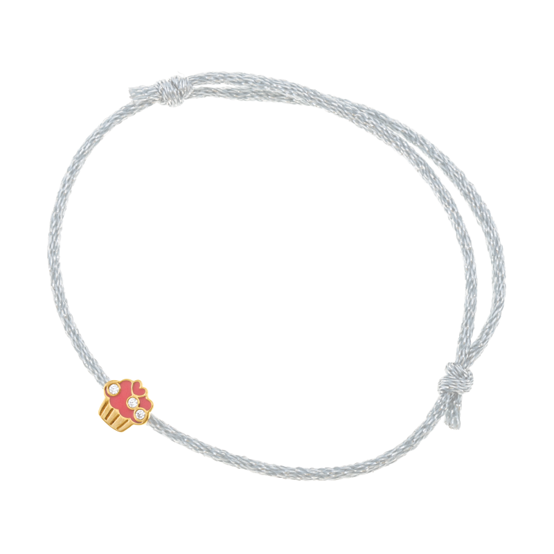 Bracelet cordon pailleté et plaqué or, oxydes de zirconium et laque, cupcake