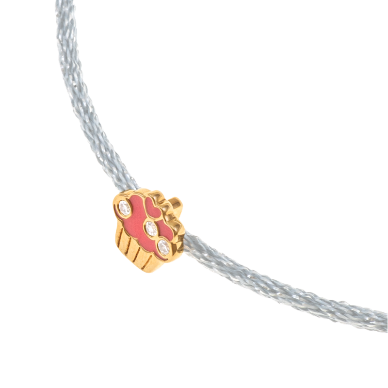 Bracelet cordon pailleté et plaqué or, oxydes de zirconium et laque, cupcake