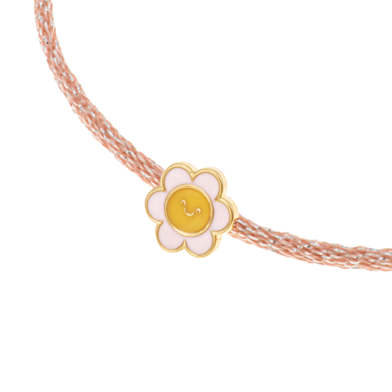 Bracelet cordon pailleté et plaqué or, laque, fleur