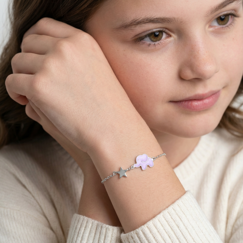 Bracelet en argent rhodié et laque éléphant