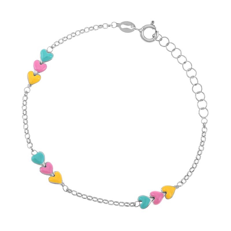 Bracelet en argent rhodié et laque, trois coeurs