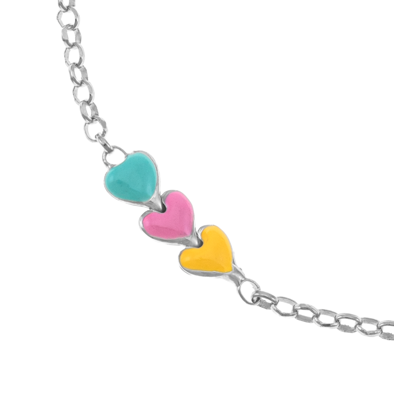 Bracelet en argent rhodié et laque, trois coeurs