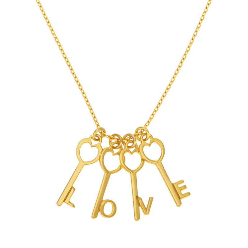 Collier en argent doré, clés LOVE
