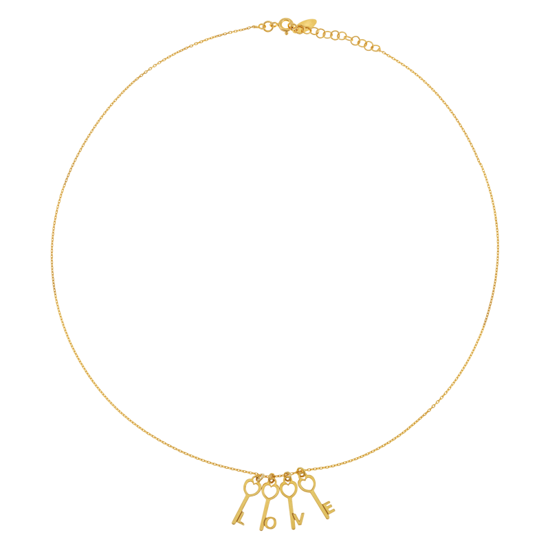 Collier en argent doré, clés LOVE