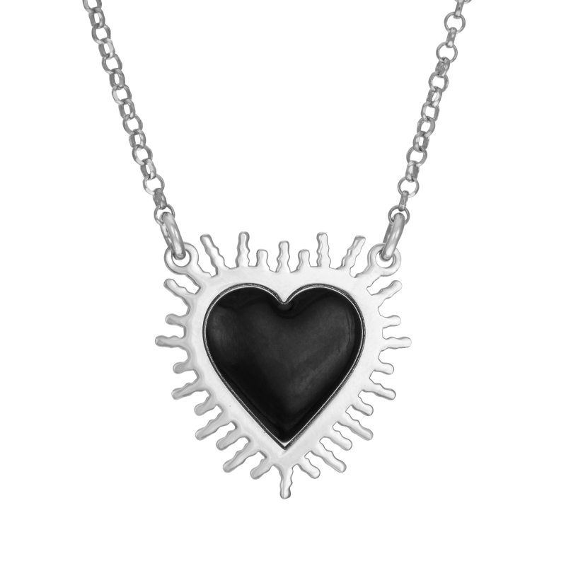 Collier en argent rhodié et laque noir, coeur 