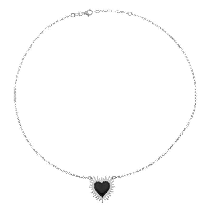 Collier en argent rhodié et laque noir, coeur 