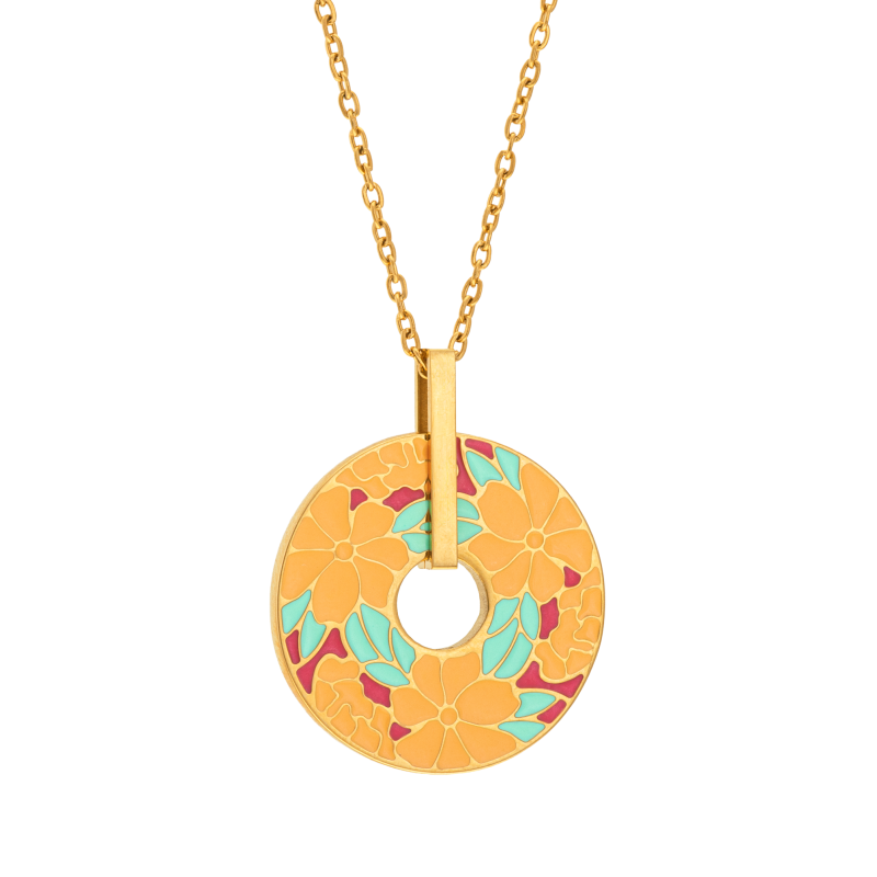 Collier en acier doré et laque, cercle fleuri