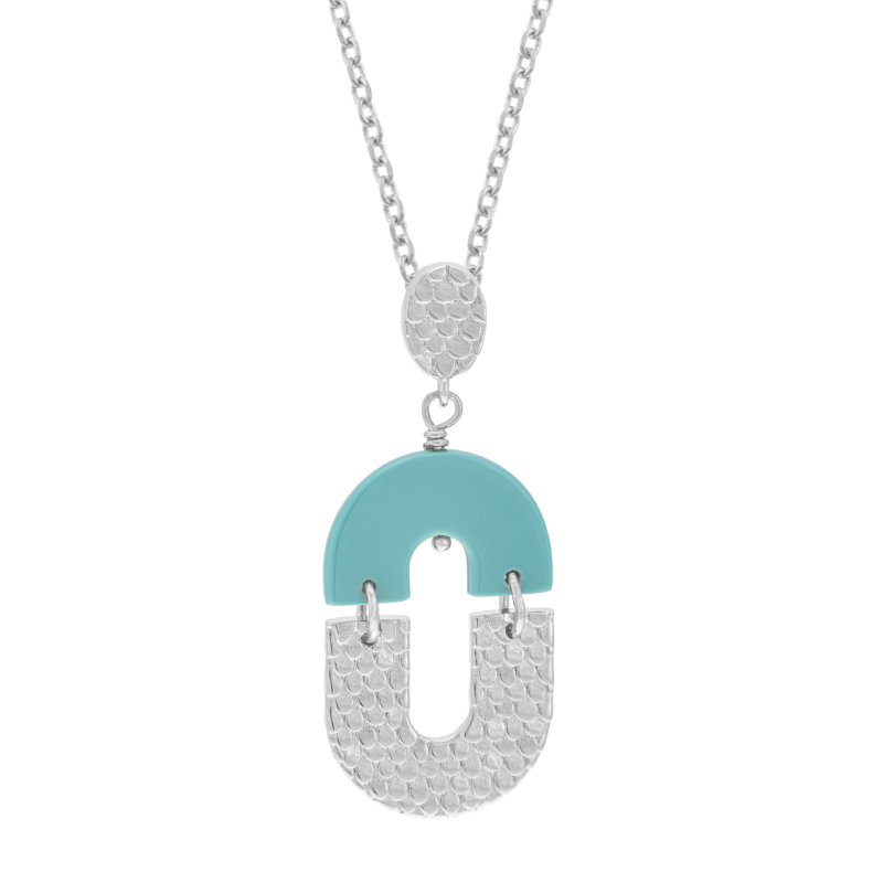 Collier en argent rhodié et résine bleue