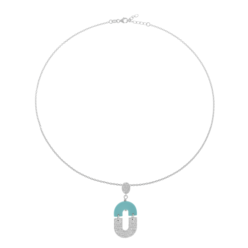 Collier en argent rhodié et résine bleue