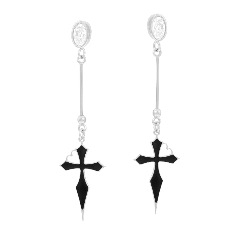 Boucles d'oreilles en argent rhodié, oxyde de zirconium et laque, croix